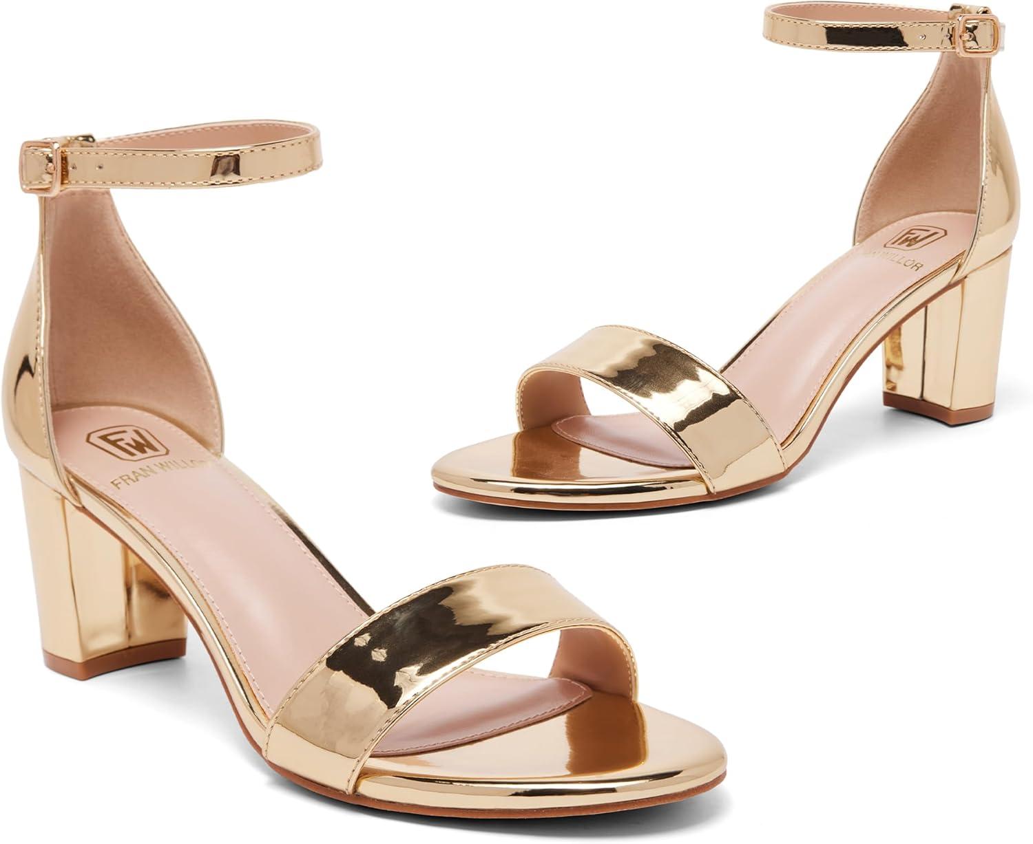 image:imageFW FRAN WILLOR Women Open Toe Low Chunky Short Heels Ankle Strap Block Heel Sandals Party Dress Wedding Pump ShoesGold