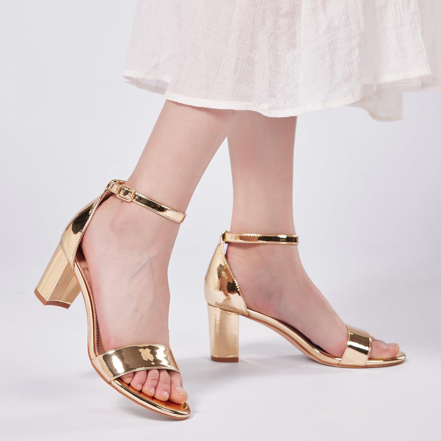 image:imageFW FRAN WILLOR Women Open Toe Low Chunky Short Heels Ankle Strap Block Heel Sandals Party Dress Wedding Pump ShoesGold
