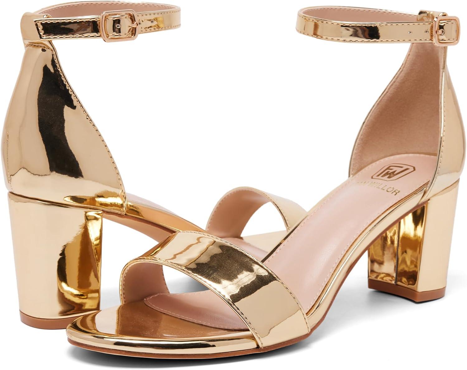 image:imageFW FRAN WILLOR Women Open Toe Low Chunky Short Heels Ankle Strap Block Heel Sandals Party Dress Wedding Pump ShoesGold