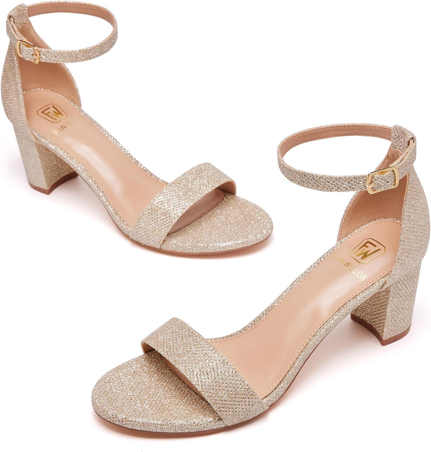 image:imageFW FRAN WILLOR Women Open Toe Low Chunky Short Heels Ankle Strap Block Heel Sandals Party Dress Wedding Pump ShoesGold Glitter