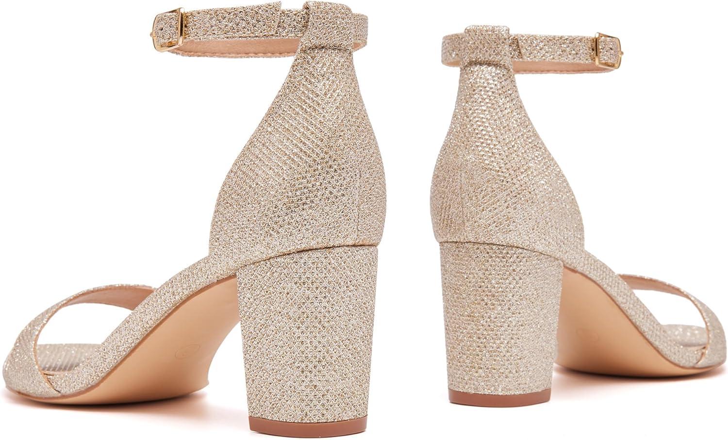 image:imageFW FRAN WILLOR Women Open Toe Low Chunky Short Heels Ankle Strap Block Heel Sandals Party Dress Wedding Pump ShoesGold Glitter