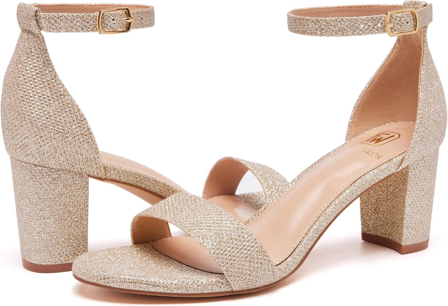 image:imageFW FRAN WILLOR Women Open Toe Low Chunky Short Heels Ankle Strap Block Heel Sandals Party Dress Wedding Pump ShoesGold Glitter