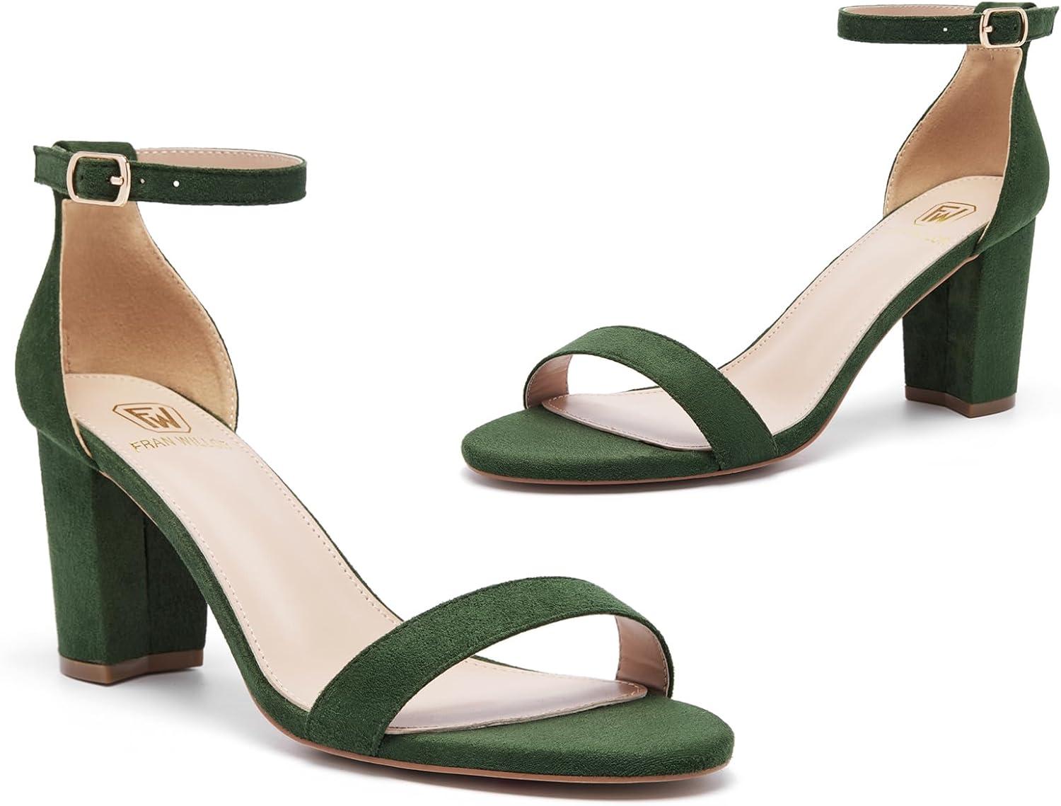 image:imageFW FRAN WILLOR Women Open Toe Low Chunky Short Heels Ankle Strap Block Heel Sandals Party Dress Wedding Pump ShoesGreen