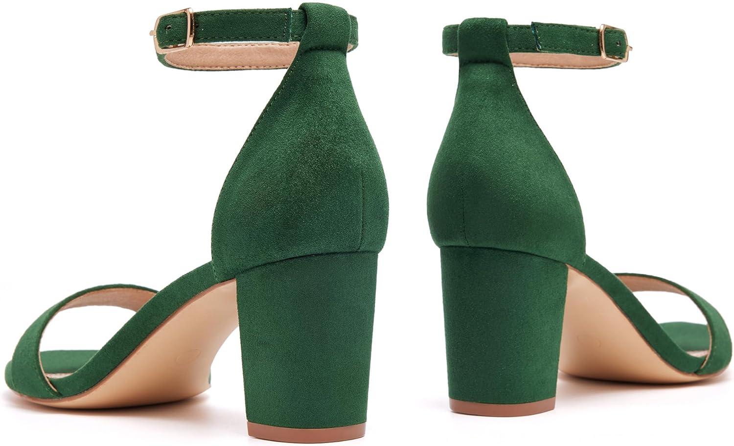 image:imageFW FRAN WILLOR Women Open Toe Low Chunky Short Heels Ankle Strap Block Heel Sandals Party Dress Wedding Pump ShoesGreen Suede