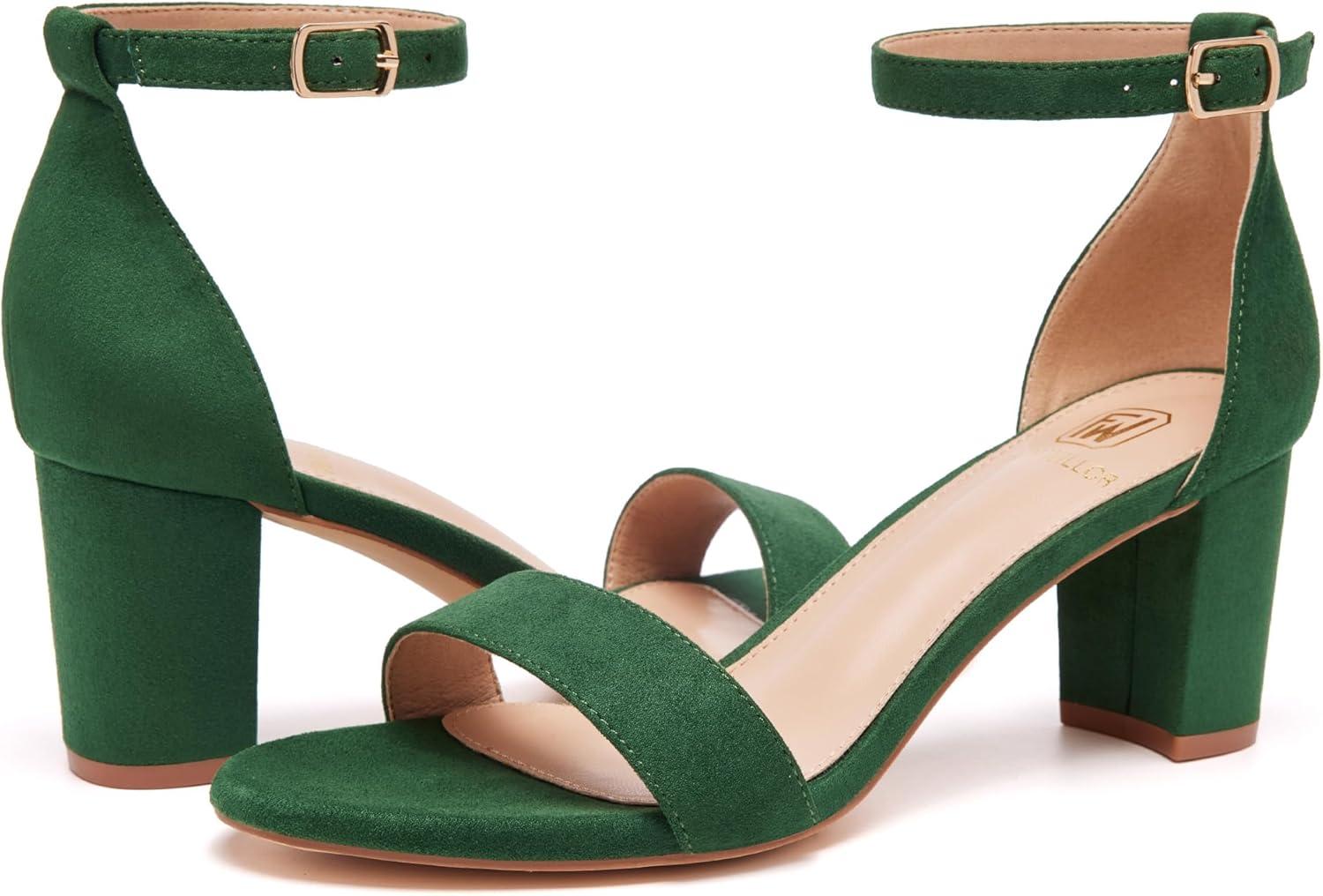 image:imageFW FRAN WILLOR Women Open Toe Low Chunky Short Heels Ankle Strap Block Heel Sandals Party Dress Wedding Pump ShoesGreen Suede