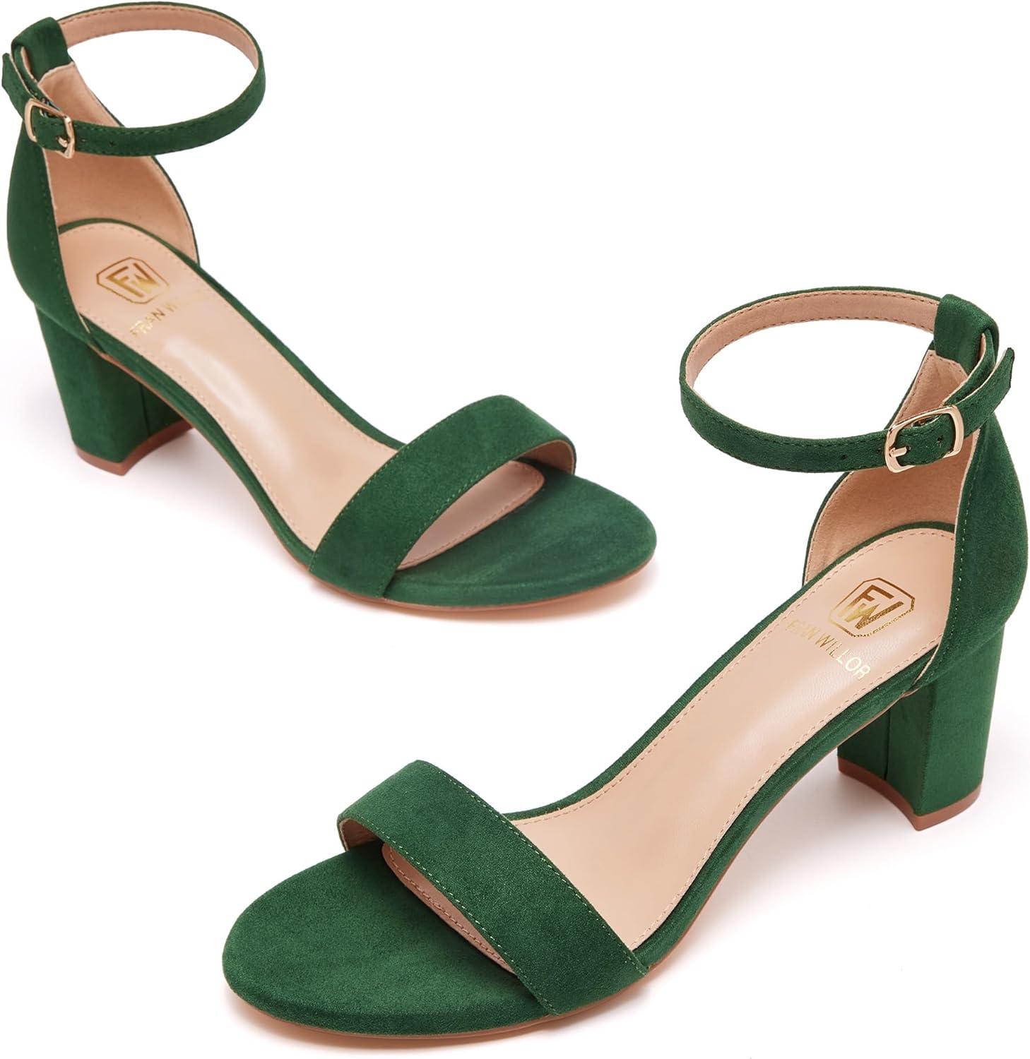 image:imageFW FRAN WILLOR Women Open Toe Low Chunky Short Heels Ankle Strap Block Heel Sandals Party Dress Wedding Pump ShoesGreen Suede