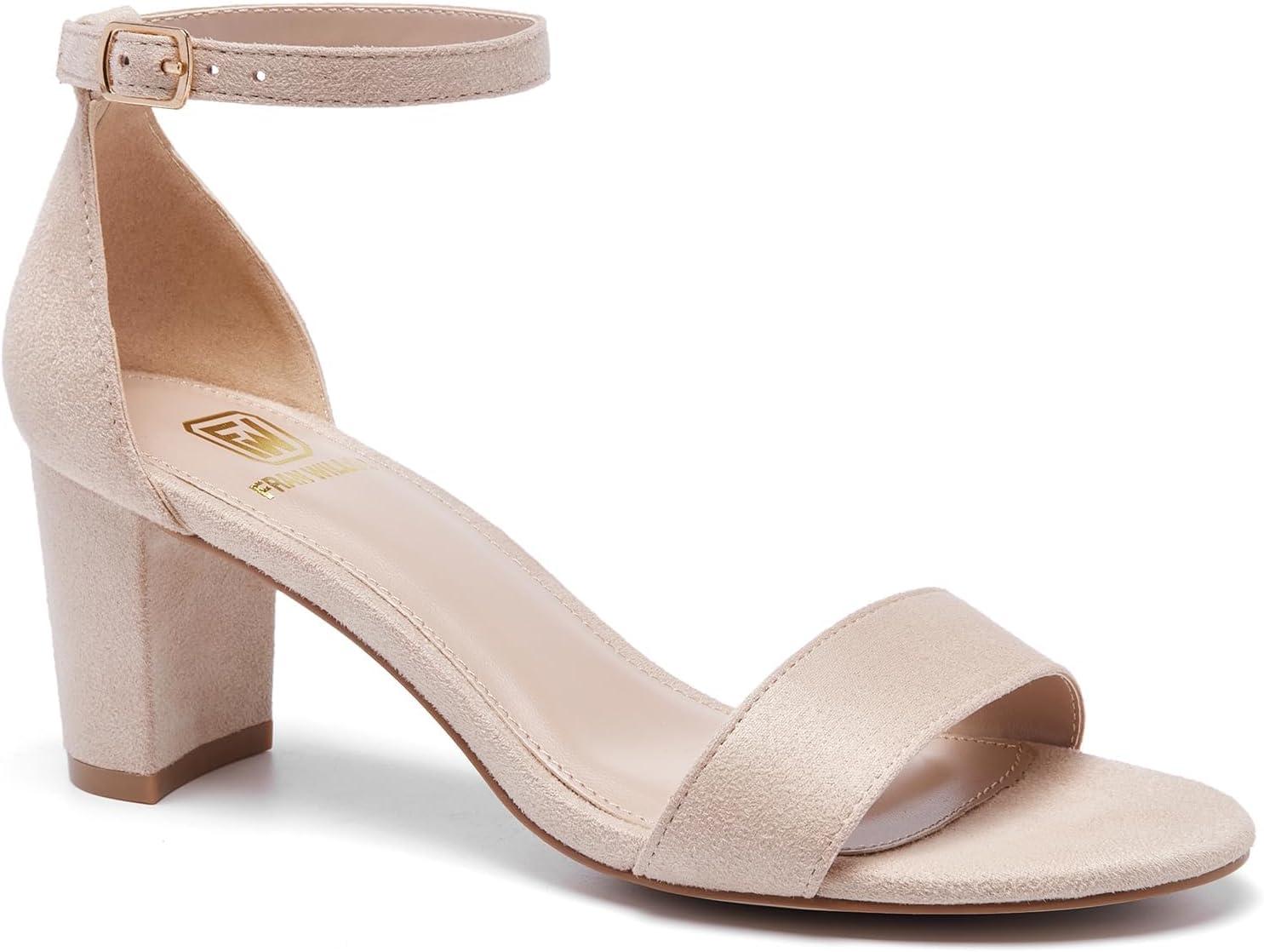 image:imageFW FRAN WILLOR Women Open Toe Low Chunky Short Heels Ankle Strap Block Heel Sandals Party Dress Wedding Pump ShoesNude