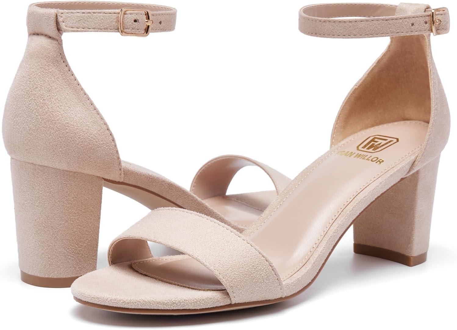 image:imageFW FRAN WILLOR Women Open Toe Low Chunky Short Heels Ankle Strap Block Heel Sandals Party Dress Wedding Pump ShoesNude
