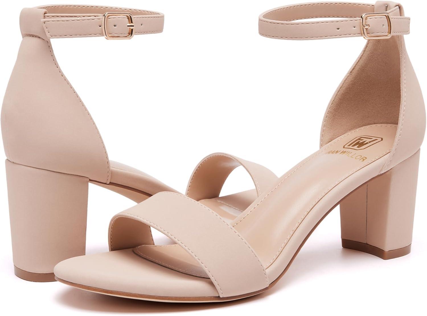 image:imageFW FRAN WILLOR Women Open Toe Low Chunky Short Heels Ankle Strap Block Heel Sandals Party Dress Wedding Pump ShoesNudeNubuck