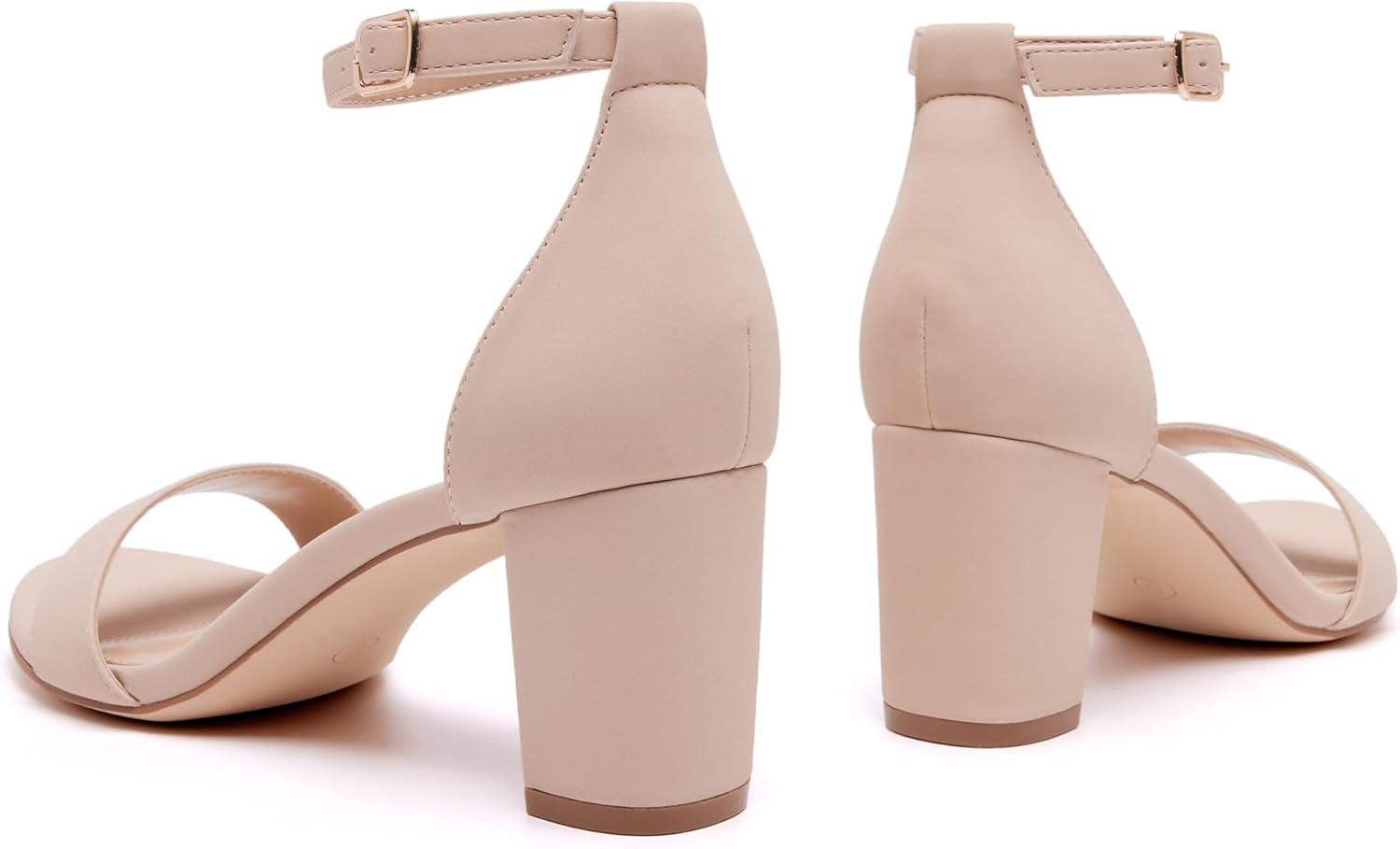 image:imageFW FRAN WILLOR Women Open Toe Low Chunky Short Heels Ankle Strap Block Heel Sandals Party Dress Wedding Pump ShoesNudeNubuck