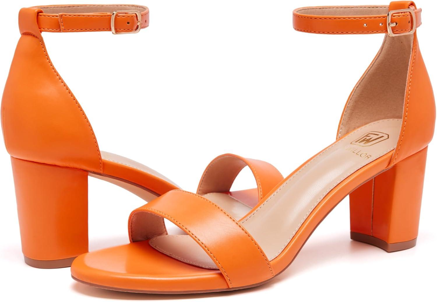 image:imageFW FRAN WILLOR Women Open Toe Low Chunky Short Heels Ankle Strap Block Heel Sandals Party Dress Wedding Pump ShoesOrange