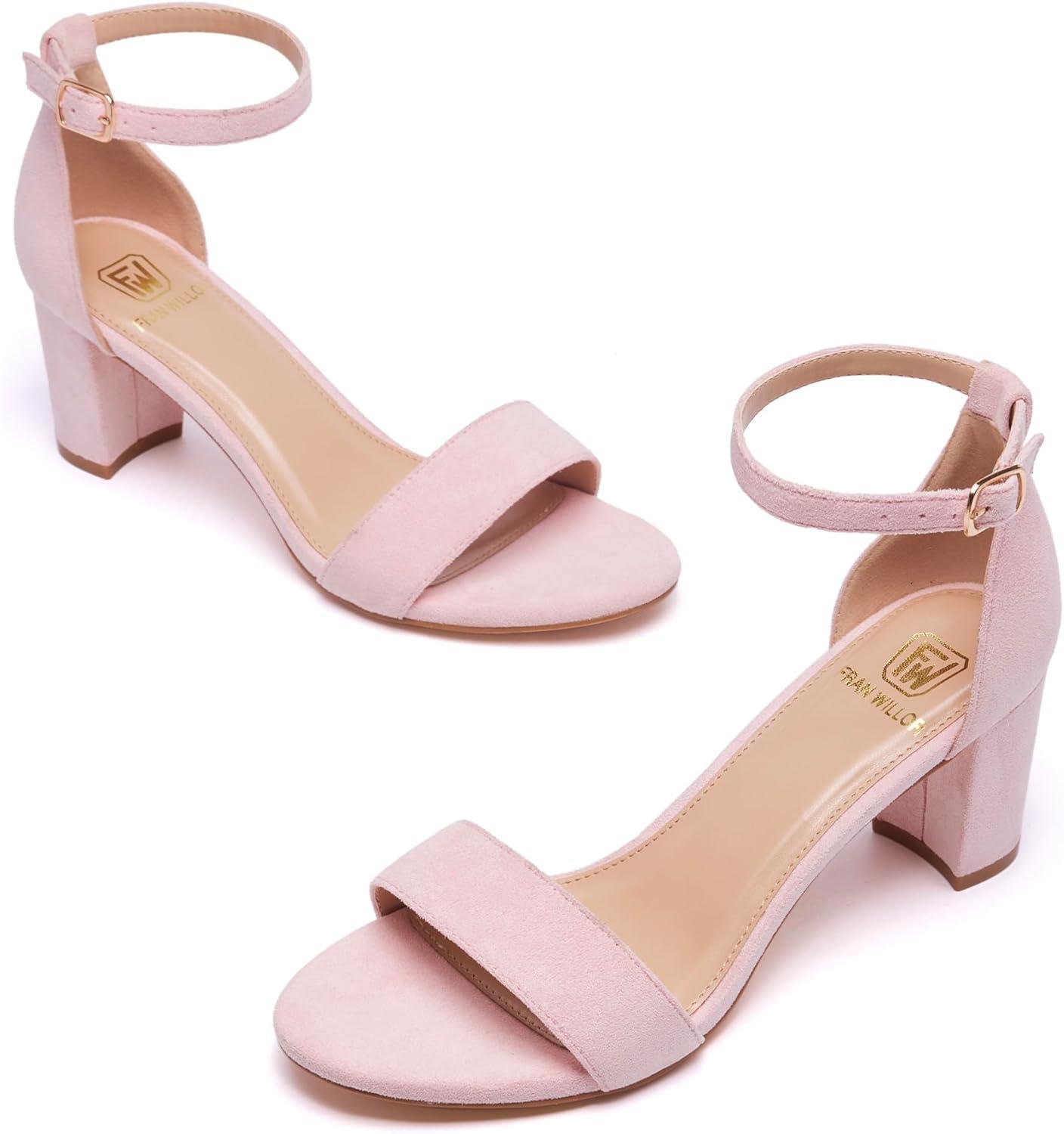 image:imageFW FRAN WILLOR Women Open Toe Low Chunky Short Heels Ankle Strap Block Heel Sandals Party Dress Wedding Pump ShoesPink