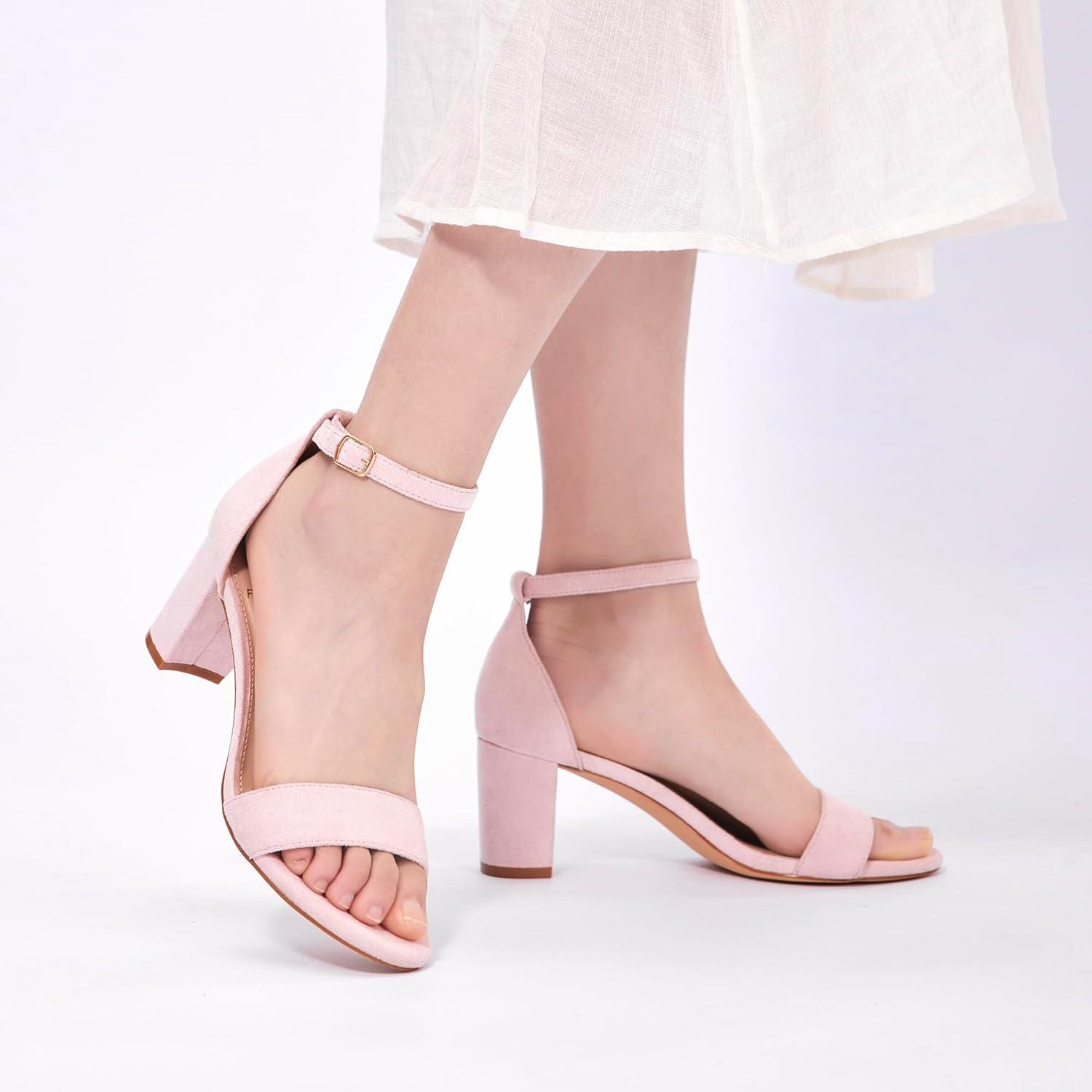 image:imageFW FRAN WILLOR Women Open Toe Low Chunky Short Heels Ankle Strap Block Heel Sandals Party Dress Wedding Pump ShoesPink