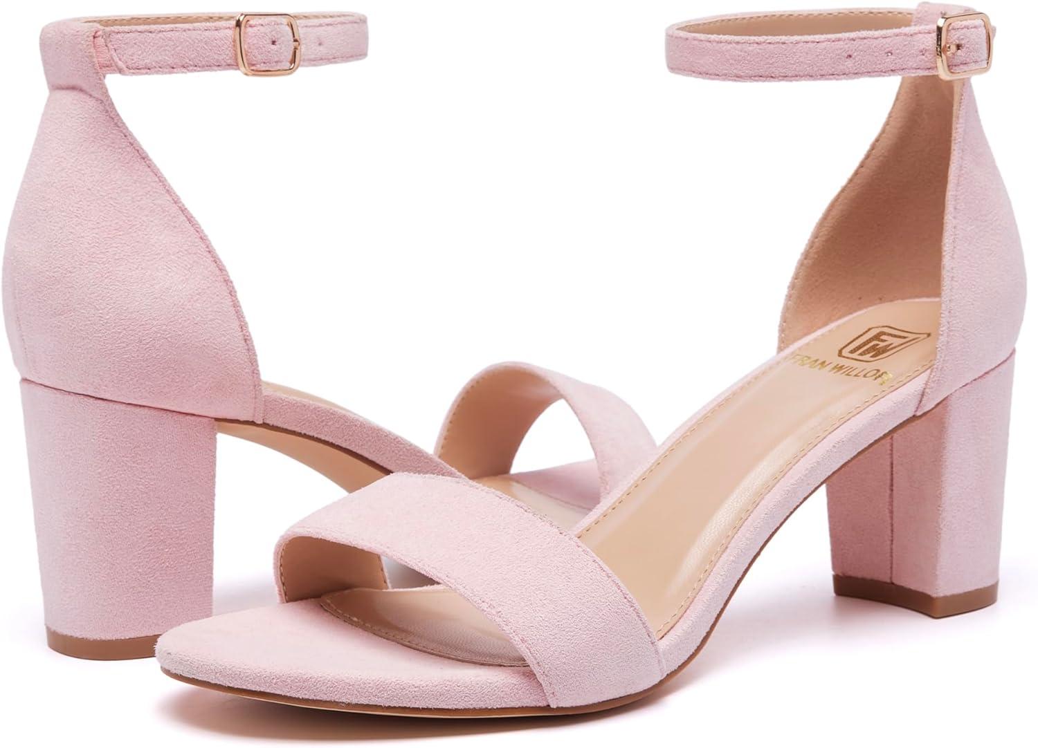 image:imageFW FRAN WILLOR Women Open Toe Low Chunky Short Heels Ankle Strap Block Heel Sandals Party Dress Wedding Pump ShoesPink