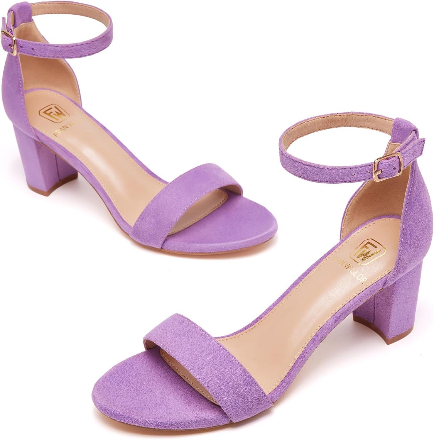 image:imageFW FRAN WILLOR Women Open Toe Low Chunky Short Heels Ankle Strap Block Heel Sandals Party Dress Wedding Pump ShoesPurple