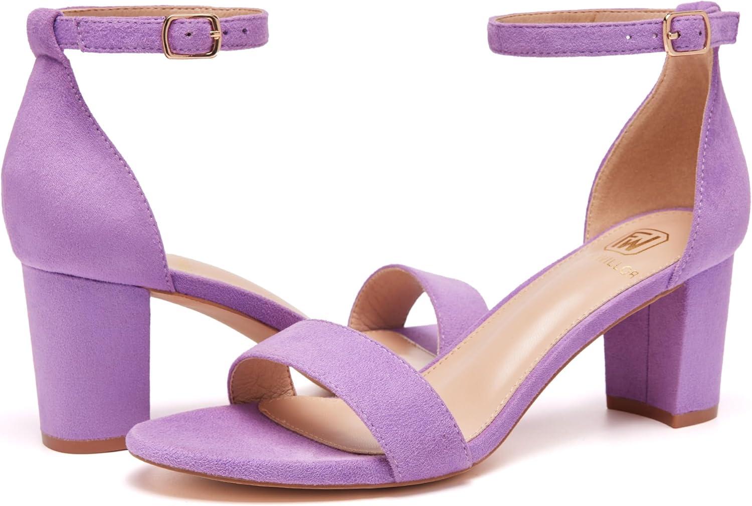 image:imageFW FRAN WILLOR Women Open Toe Low Chunky Short Heels Ankle Strap Block Heel Sandals Party Dress Wedding Pump ShoesPurple