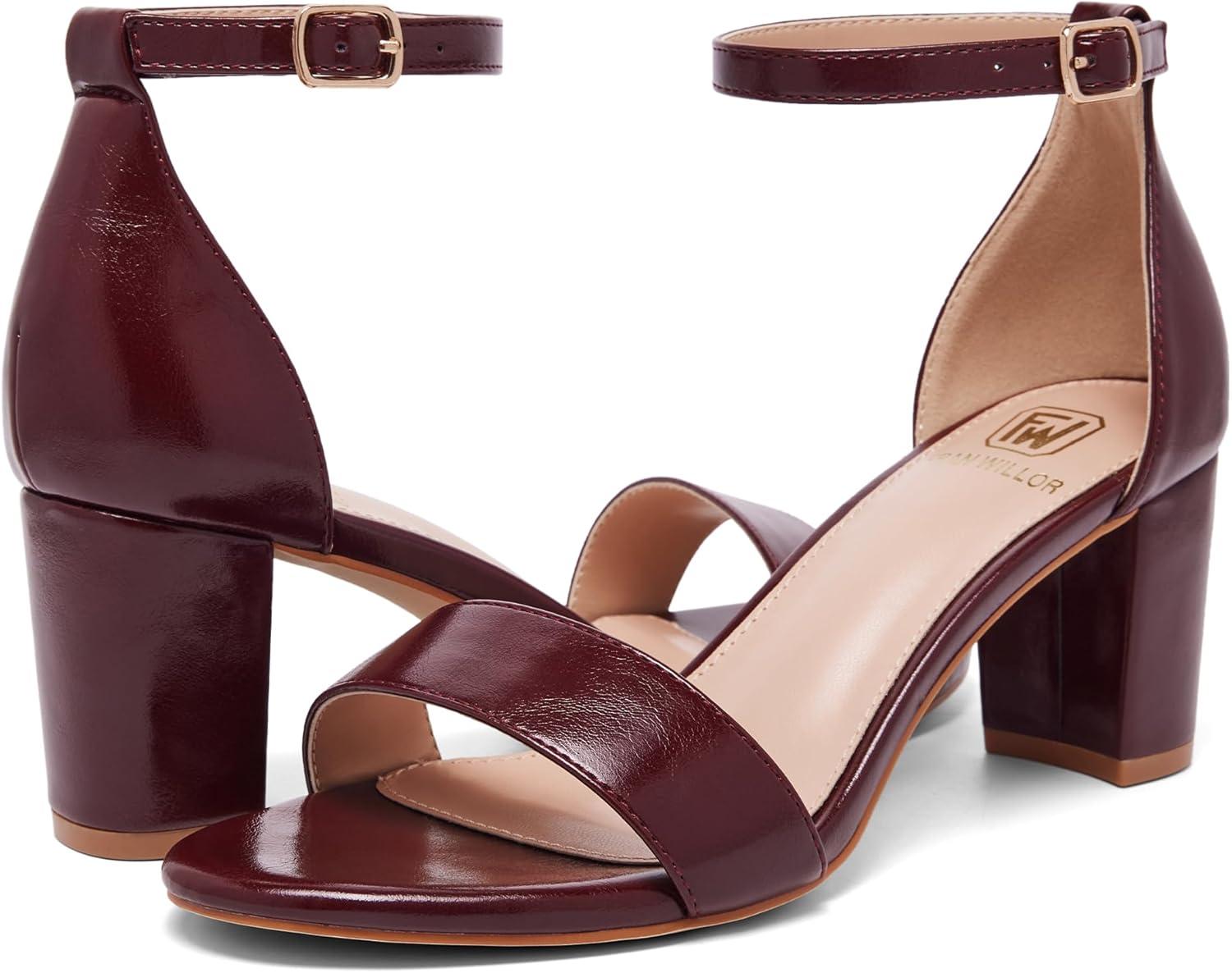 image:imageFW FRAN WILLOR Women Open Toe Low Chunky Short Heels Ankle Strap Block Heel Sandals Party Dress Wedding Pump ShoesRedPu