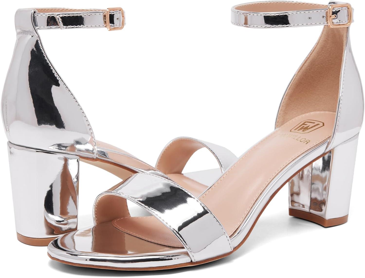 image:imageFW FRAN WILLOR Women Open Toe Low Chunky Short Heels Ankle Strap Block Heel Sandals Party Dress Wedding Pump ShoesSilver