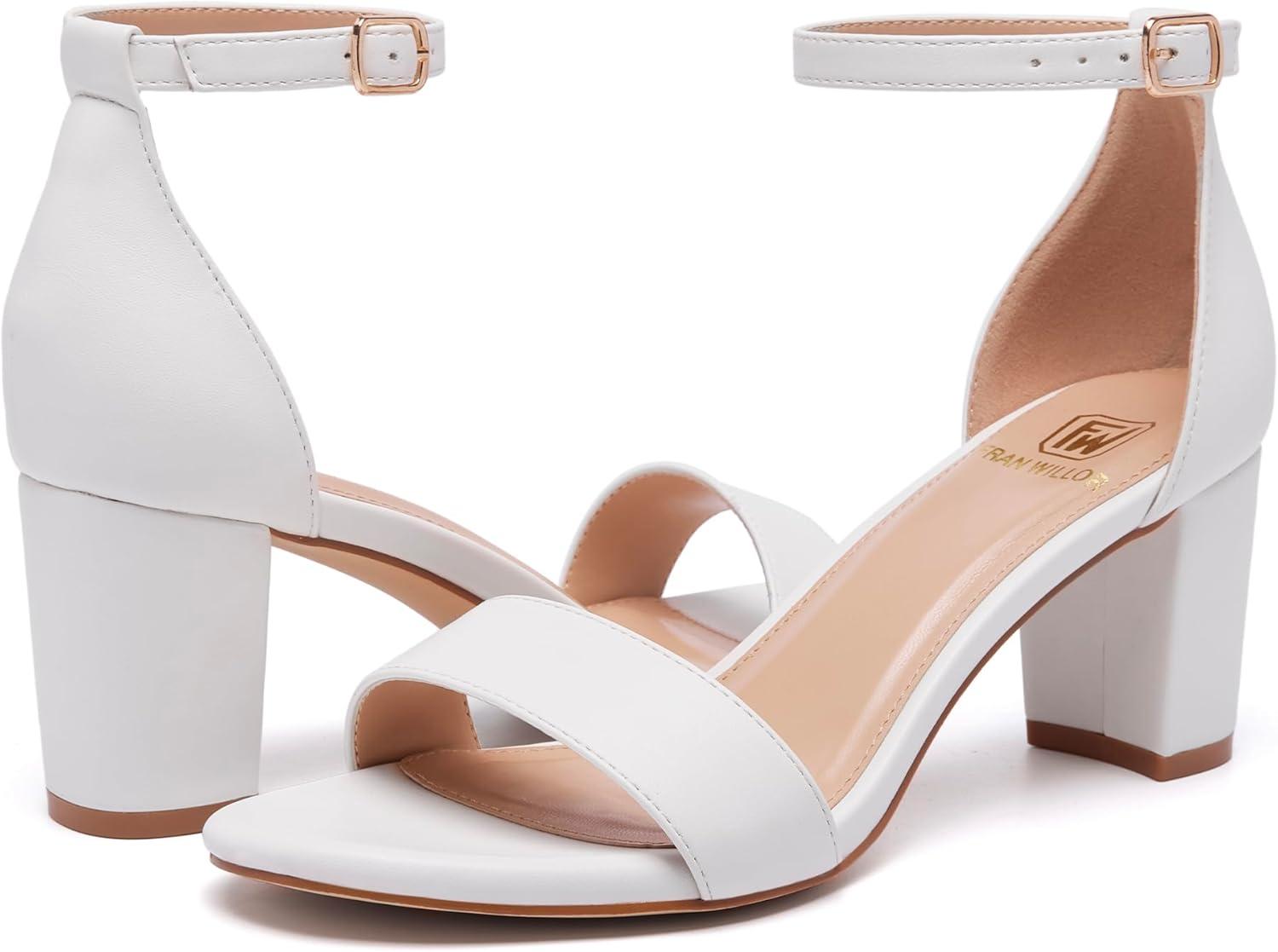 image:imageFW FRAN WILLOR Women Open Toe Low Chunky Short Heels Ankle Strap Block Heel Sandals Party Dress Wedding Pump ShoesWhite