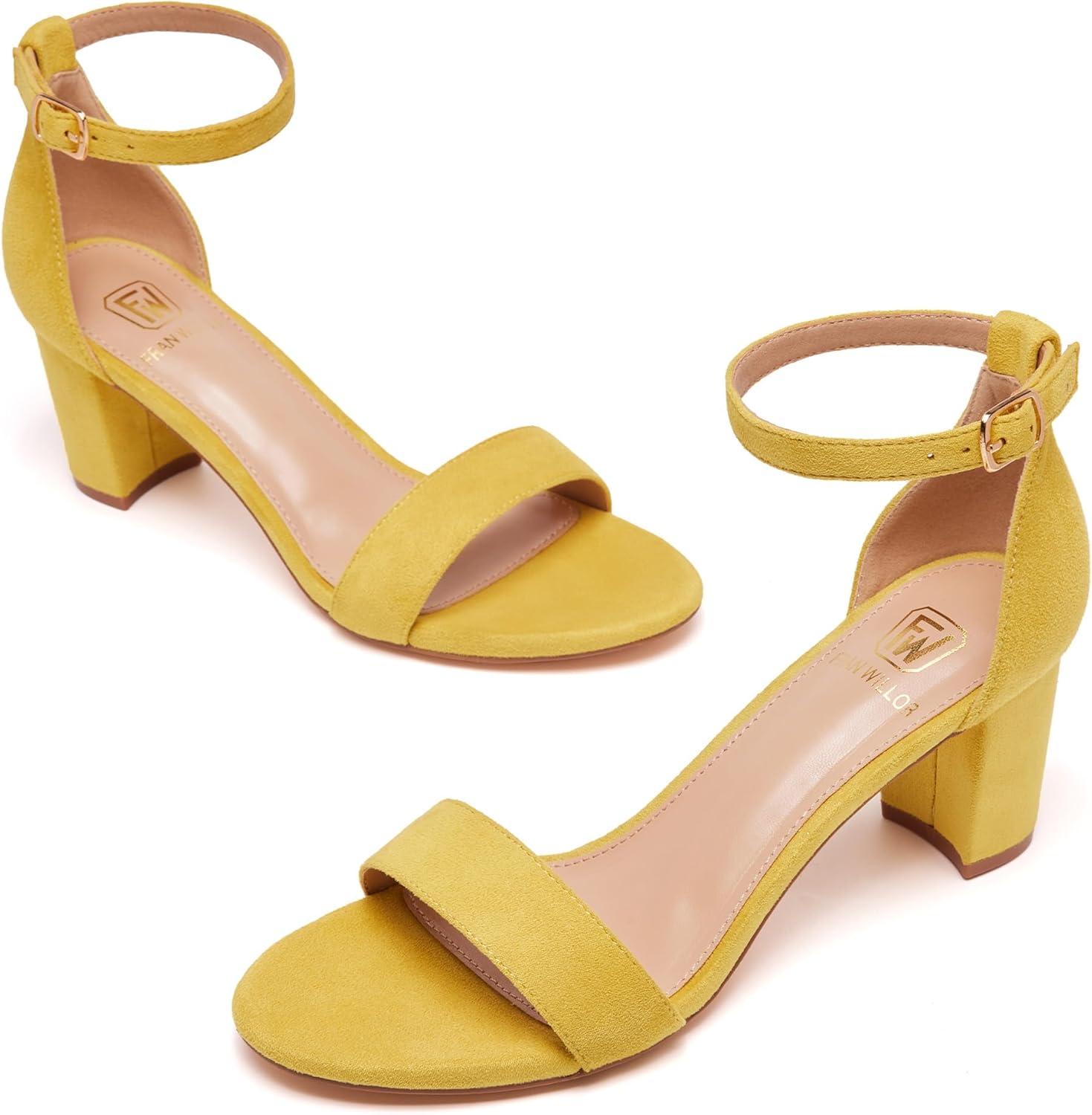 image:imageFW FRAN WILLOR Women Open Toe Low Chunky Short Heels Ankle Strap Block Heel Sandals Party Dress Wedding Pump ShoesYellow