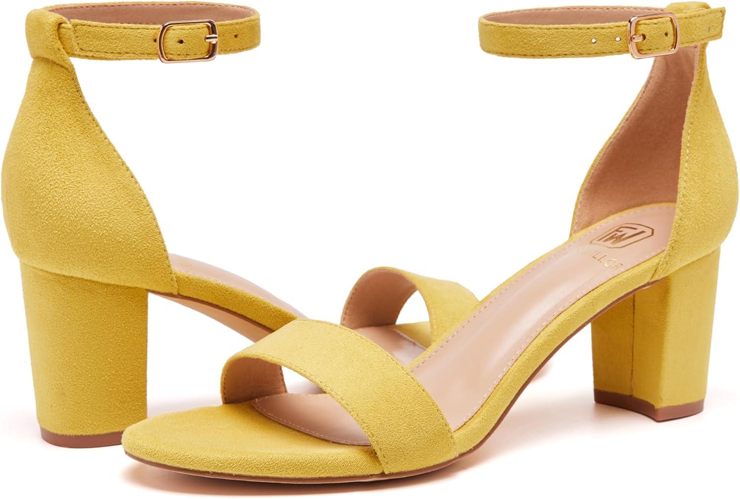 image:imageFW FRAN WILLOR Women Open Toe Low Chunky Short Heels Ankle Strap Block Heel Sandals Party Dress Wedding Pump ShoesYellow