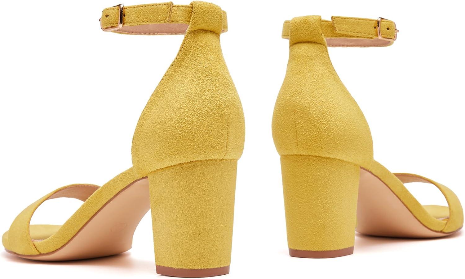 image:imageFW FRAN WILLOR Women Open Toe Low Chunky Short Heels Ankle Strap Block Heel Sandals Party Dress Wedding Pump ShoesYellow