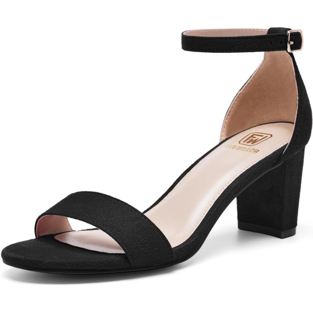 image:imageFW FRAN WILLOR Women Open Toe Low Chunky Short Heels Ankle Strap Block Heel Sandals Party Dress Wedding Pump ShoesBlack