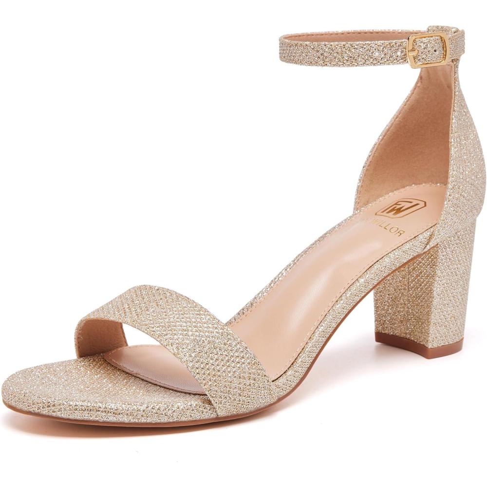 image:imageFW FRAN WILLOR Women Open Toe Low Chunky Short Heels Ankle Strap Block Heel Sandals Party Dress Wedding Pump ShoesGold Glitter
