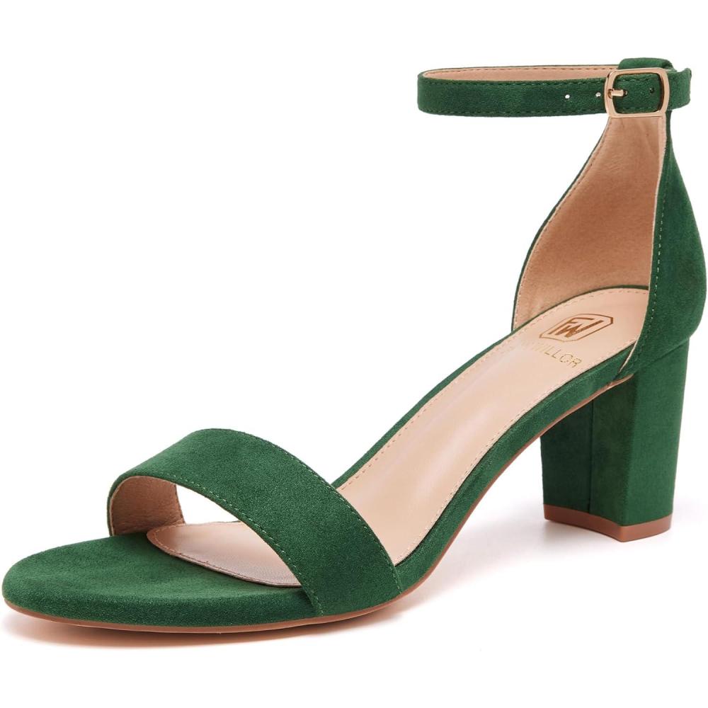 image:imageFW FRAN WILLOR Women Open Toe Low Chunky Short Heels Ankle Strap Block Heel Sandals Party Dress Wedding Pump ShoesGreen Suede
