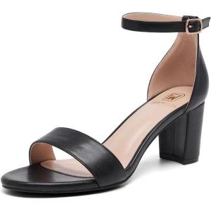 FW FRAN WILLOR Women Open Toe Low Chunky Short Heels Ankle Strap Block Heel Sandals Party Dress Wedding Pump Shoes(Black/Pu)