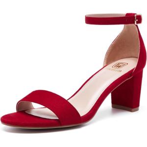 FW FRAN WILLOR Women Open Toe Low Chunky Short Heels Ankle Strap Block Heel Sandals Party Dress Wedding Pump Shoes(Red)