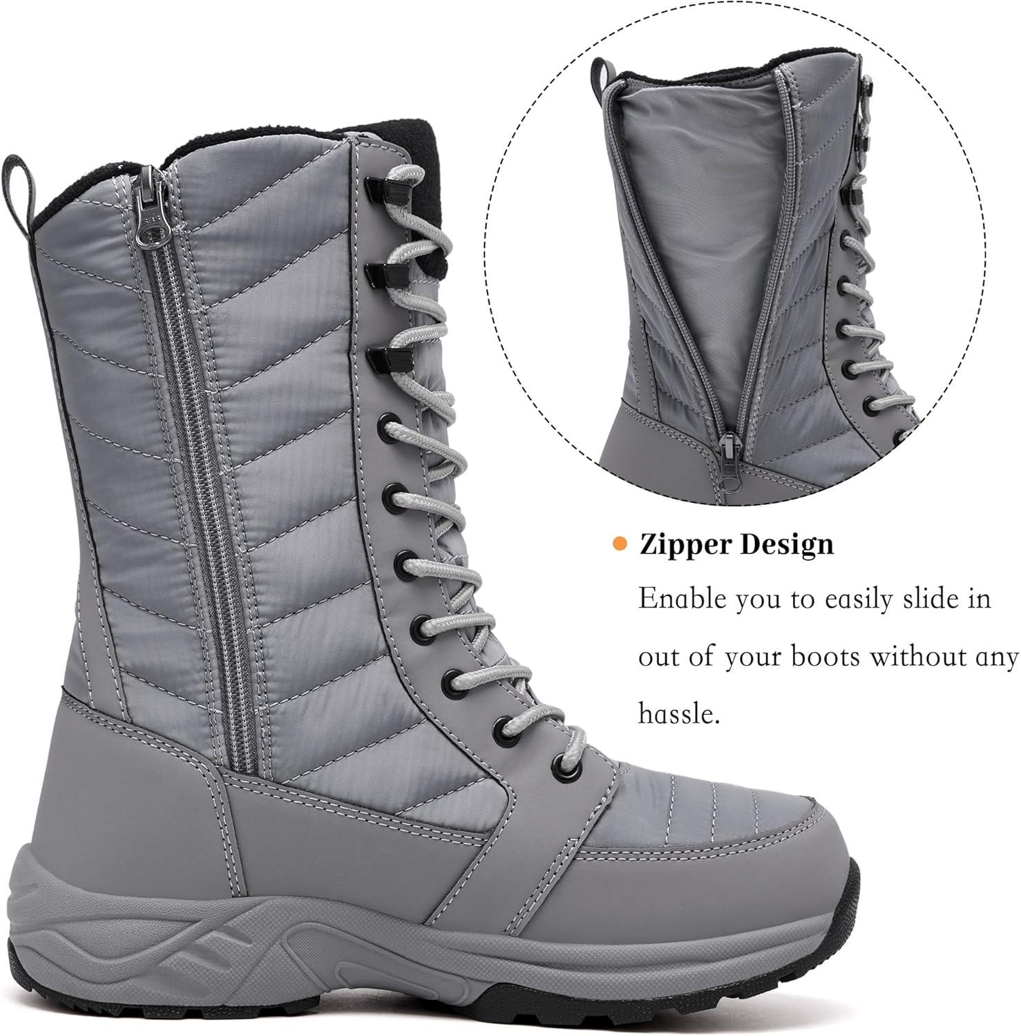 image:imageFW FRAN WILLOR Womens Waterproof Winter Snow Boots Warm Comfortable with Side Zipper 2025 Fashion Lightweight Hiking boots for Cold Weather Insulated Mid Calf Military BootiesGrey