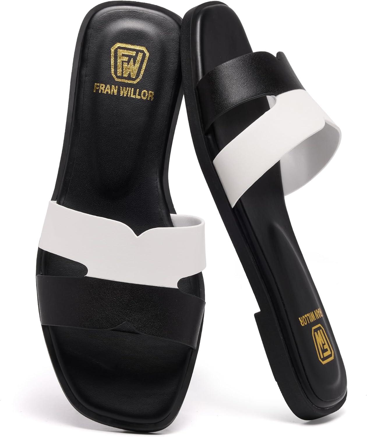 image:imageWomens Flat Sandals Dressy Comfortable Slide Sandals Fashion Square Open Toe Slip On Beach Sandals for SummerBlackWhite