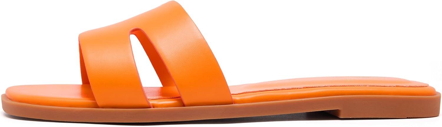 image:imageWomens Flat Sandals Dressy Comfortable Slide Sandals Fashion Square Open Toe Slip On Beach Sandals for SummerOrange