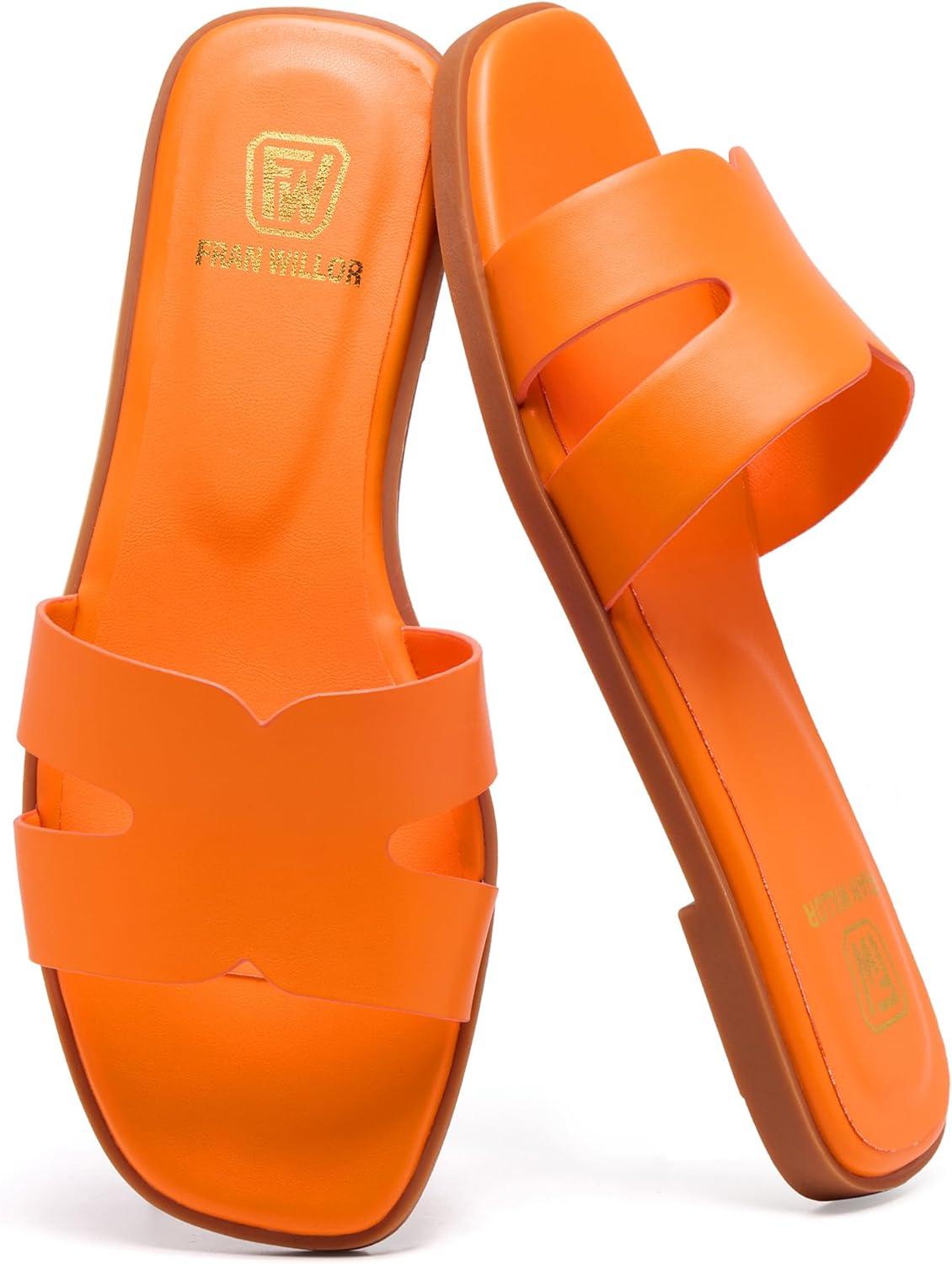 image:imageWomens Flat Sandals Dressy Comfortable Slide Sandals Fashion Square Open Toe Slip On Beach Sandals for SummerOrange