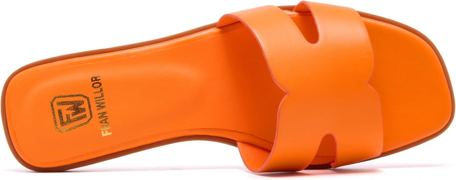 image:imageWomens Flat Sandals Dressy Comfortable Slide Sandals Fashion Square Open Toe Slip On Beach Sandals for SummerOrange