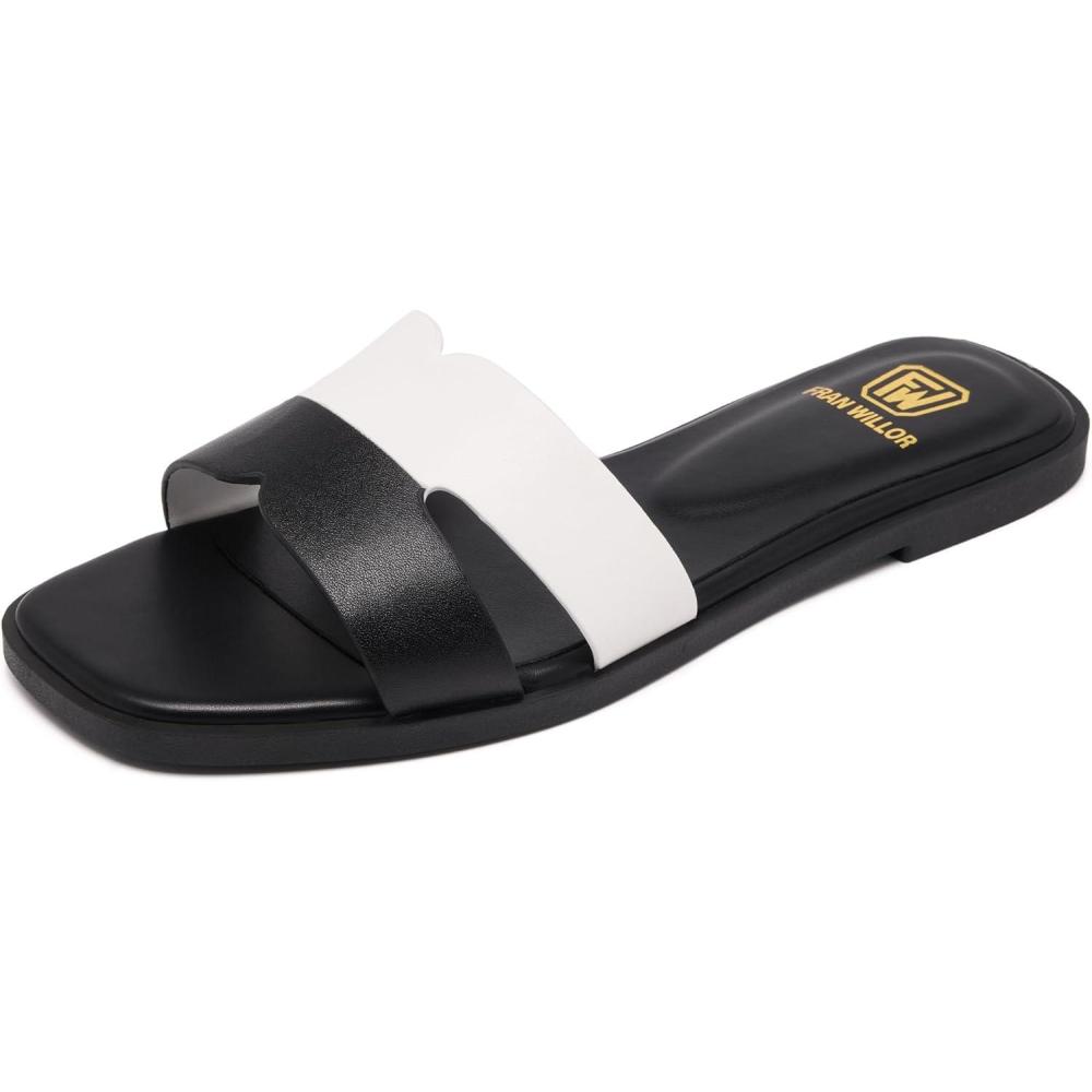 image:imageWomens Flat Sandals Dressy Comfortable Slide Sandals Fashion Square Open Toe Slip On Beach Sandals for SummerBlackWhite