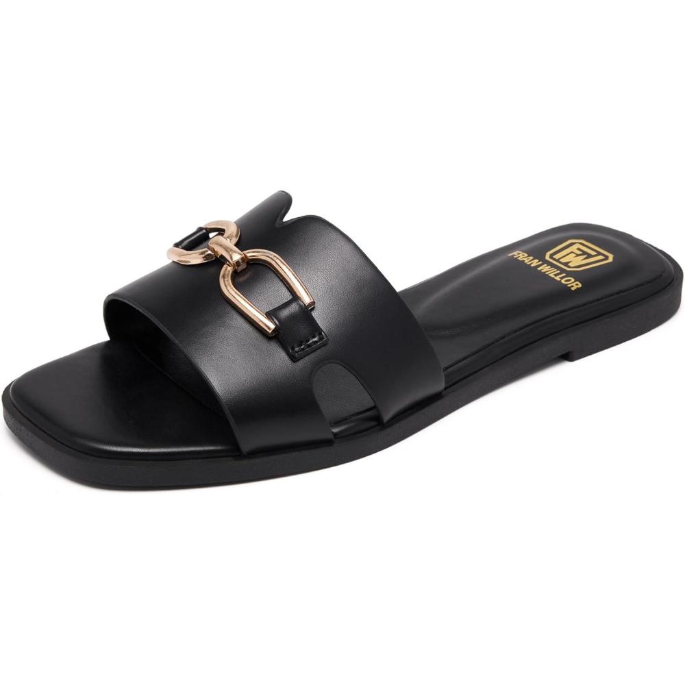 image:imageWomens Flat Sandals Dressy Comfortable Slide Sandals Fashion Square Open Toe Slip On Beach Sandals for SummerBlackmetal