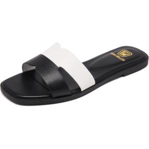 Women’s Flat Sandals Dressy Comfortable Slide Sandals Fashion Square Open Toe Slip On Beach Sandals for Summer(Black/White)