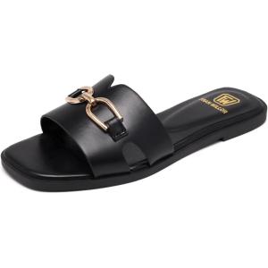 Women’s Flat Sandals Dressy Comfortable Slide Sandals Fashion Square Open Toe Slip On Beach Sandals for Summer(Black-metal)