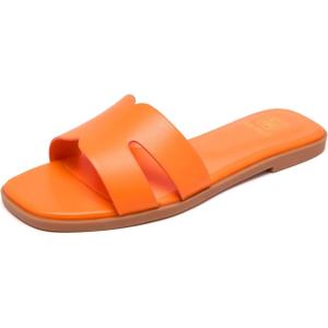 Women’s Flat Sandals Dressy Comfortable Slide Sandals Fashion Square Open Toe Slip On Beach Sandals for Summer(Orange)